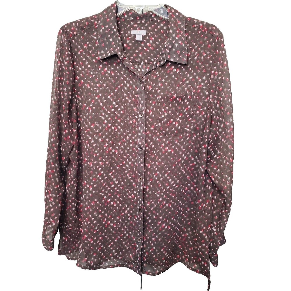 J Jill Brown Abstract Dotted Pattern Sheer Long Sleeve Button-Up Tunic Size LP